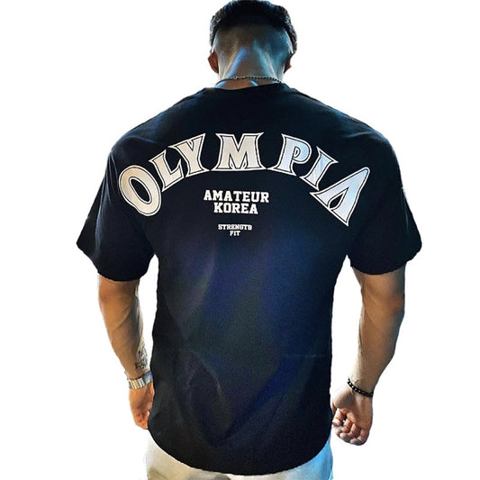 OLYMPIA Cotton Gym Shirt Sport T Shirt Men Short Sleeve Running Shirt Men Workout Training Tees Fitness Loose large size M-XXXL