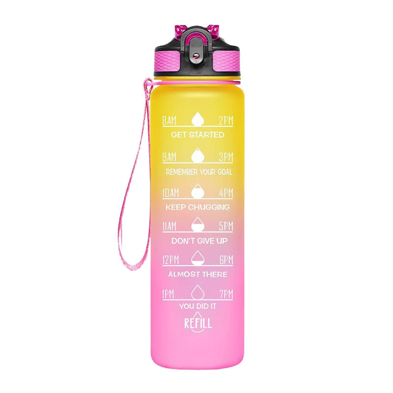 1 Litre Sports Water Bottle with Motivational Time Marker and Straw, Leakproof Drink Bottle with BPA Free Non-Toxic, 1 Click Open for Sports