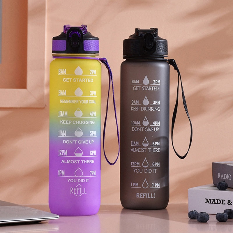 1 Litre Sports Water Bottle with Motivational Time Marker and Straw, Leakproof Drink Bottle with BPA Free Non-Toxic, 1 Click Open for Sports